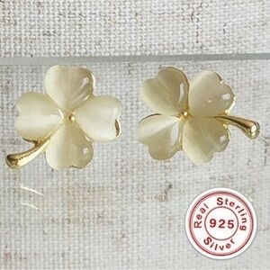 925 Silver post Gold 4 Leaf Clover Ivory Stud earrings Irish